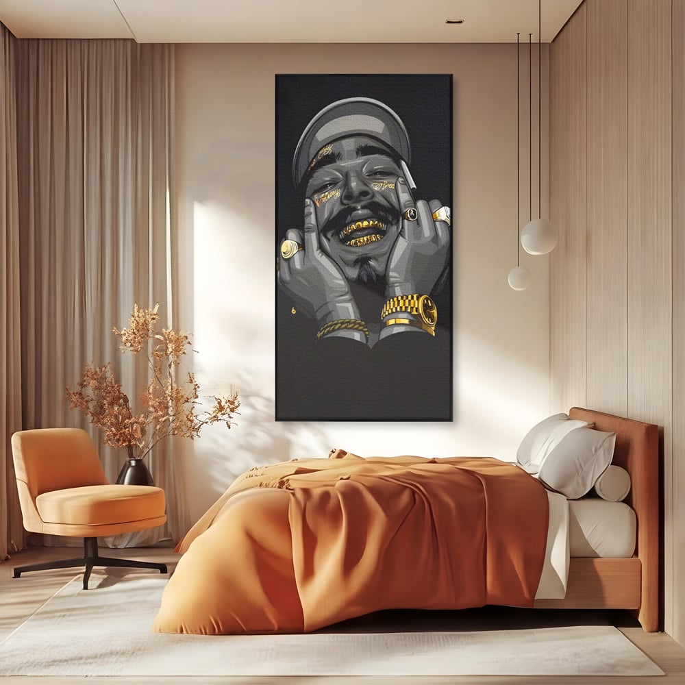 Tablou canvas cu tablou canvas cu portret post malone, in rama de aluminiu negru, pe perete intr-un dormitor